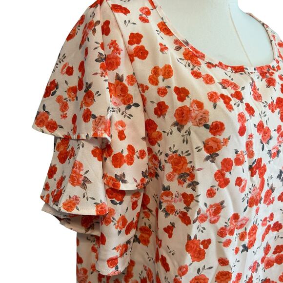 Floral Top XL Cream Orange Short Sleeve Flutter Soft Silk Coquette Feminine Boho - Picture 3 of 7